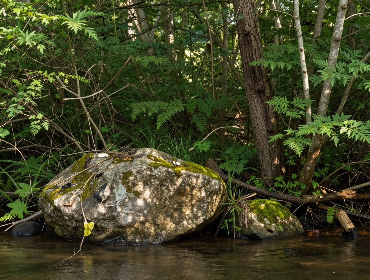 Naturalne otoczenie z zielonymi listcmi i kamieniami nad rzeką o poranku, promienie slonca przebijajace przez roslinnosc, atmosfera spokoju i rownowagi