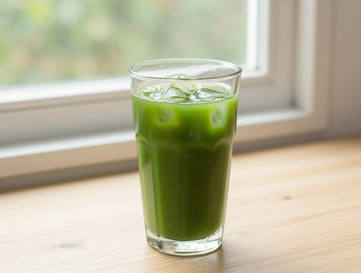 Szklanka swiezego zielonego soku ze spinaku i jablka na marmurowym blacie przy oknie z naturalnym swiatlem, czyste poludniowe oswietlenie