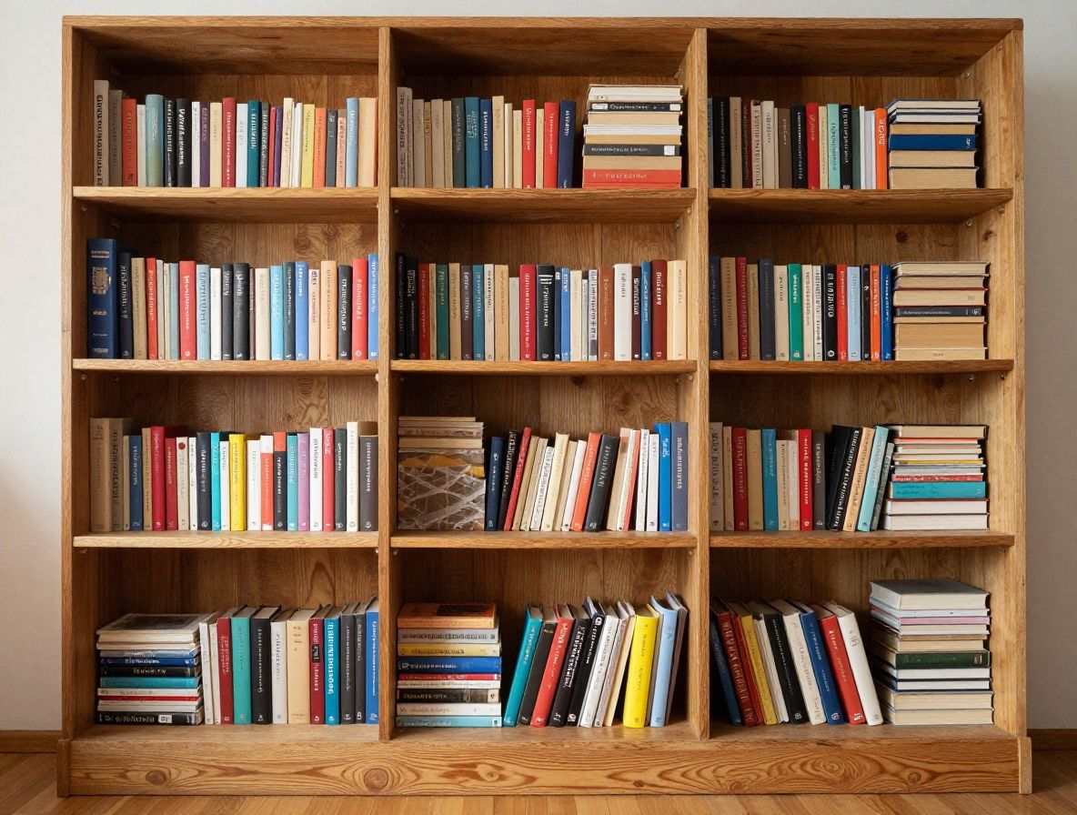 Drewniane polki biblioteczne wypelnione starymi ksiazkami w cieply swietle lampy, atmosfera spokojnej czytelni badawczej z cieniami i zolto-brazowymi akcentami